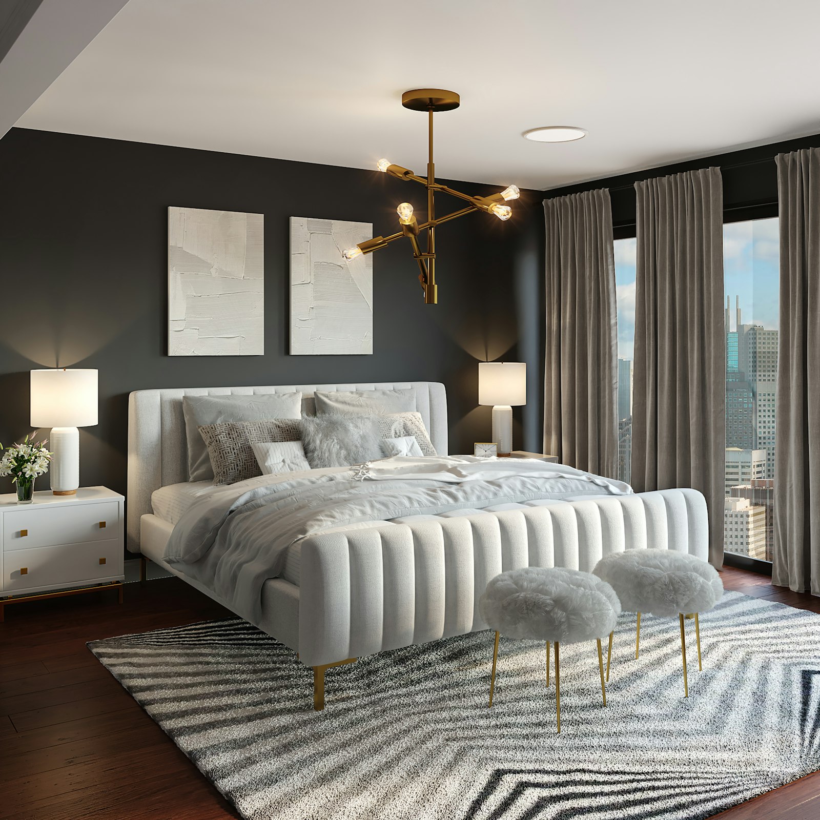 Serene bedroom with upholstered bed and soft linen bedding
