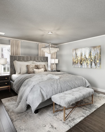 A modern bedroom with a stylish chenille rug adding warmth and comfort underfoot.