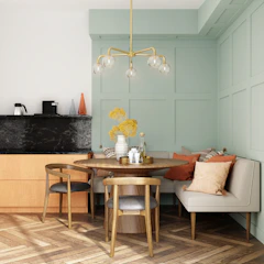 A cozy dining area featuring a stylish wooden table.