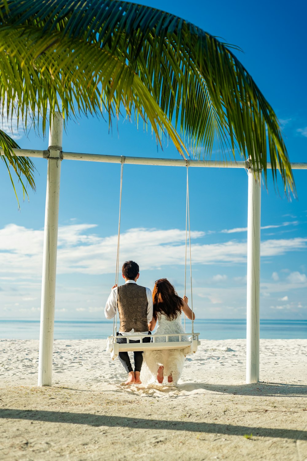 couple sitting on hammock under coconut tree during daytime