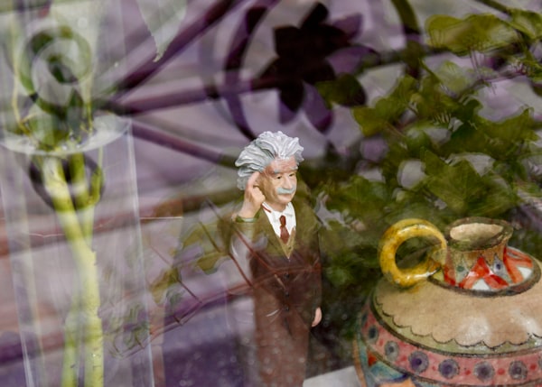 Einstein figurine in a storefront