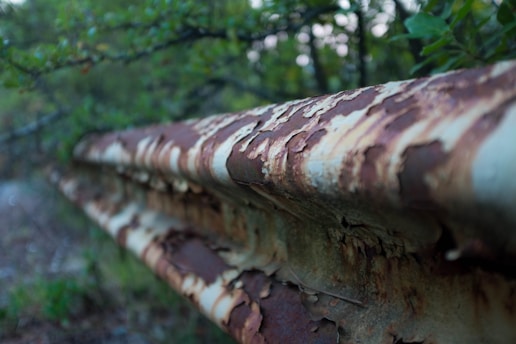 A weathered iron railing showing signs of rust and wear in an outdoor setting.