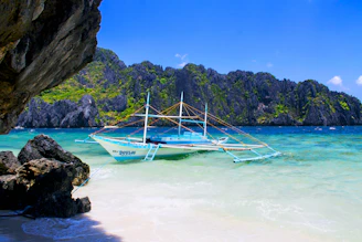 blue and white boat on seashore during daytime