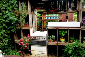 A rustic outdoor setup with a vintage stove surrounded by wooden shelving holding various potted plants. There is a mix of greenery, with some plants climbing the shelves. Garden tools and planters are visible, lending a well-tended garden vibe.
