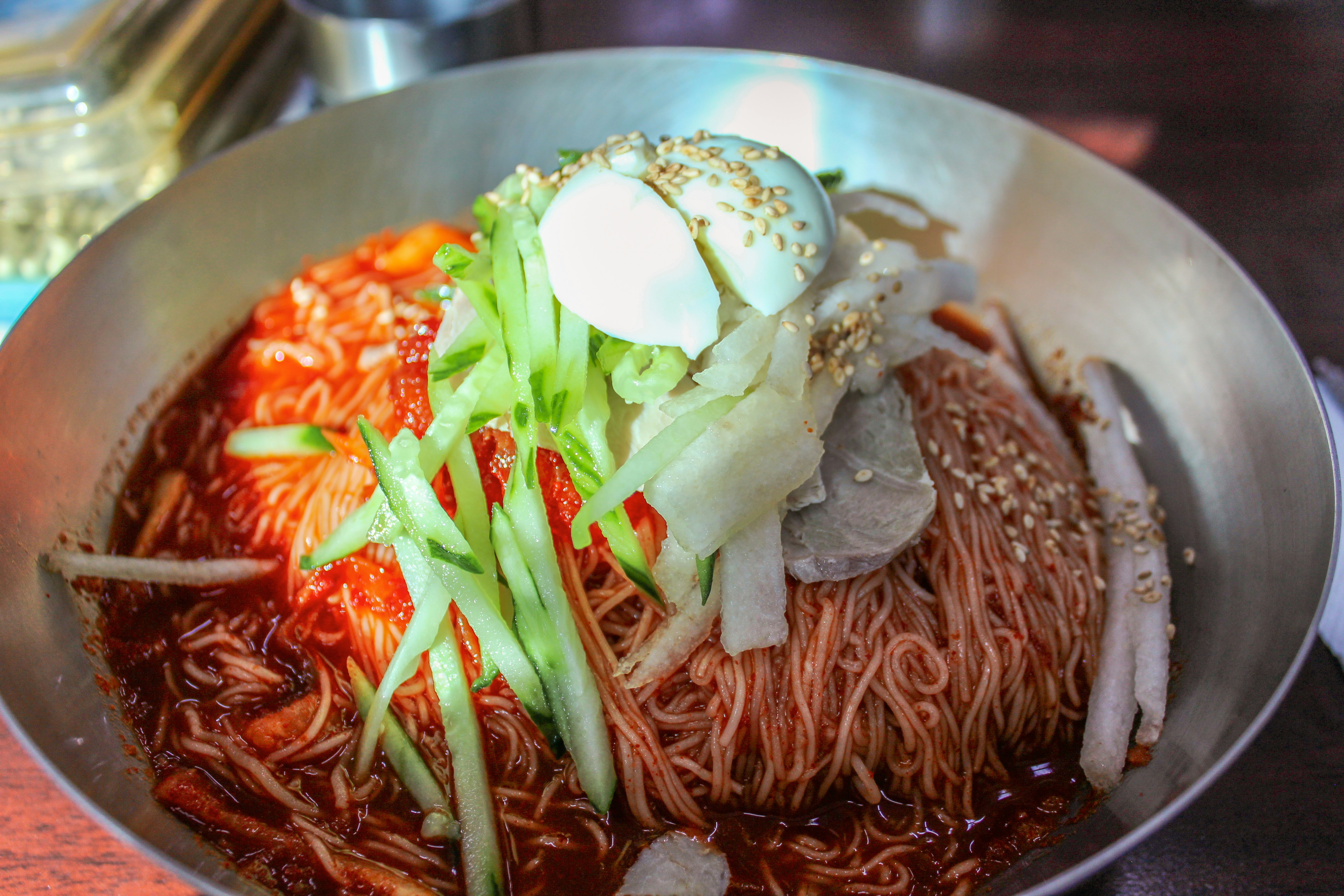 cooked food on stainless steel bowl, Korean Classic Dish - Korean Cold Noodle (Naengmyun)