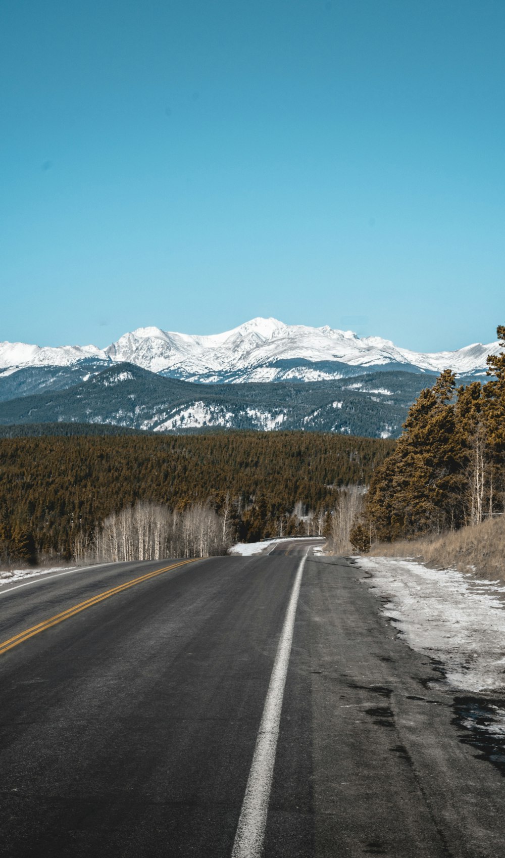 gray asphalt road near trees and snow covered mountain during daytime