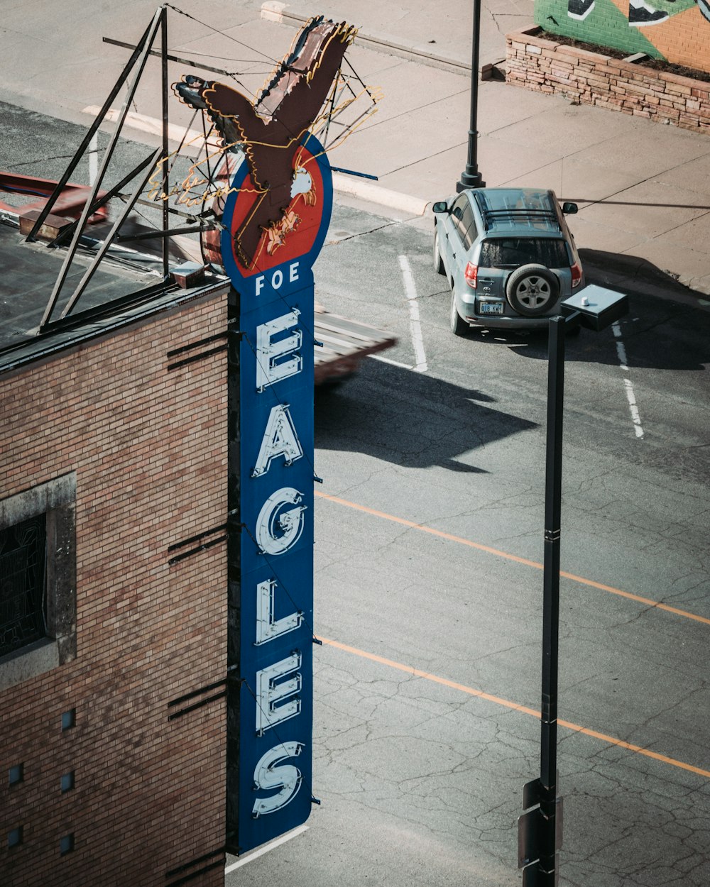 blue and white street sign