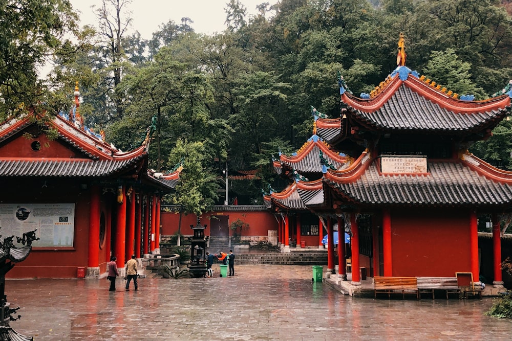 red and white temple near green trees during daytime