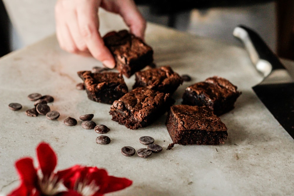 person holding sliced chocolate cake