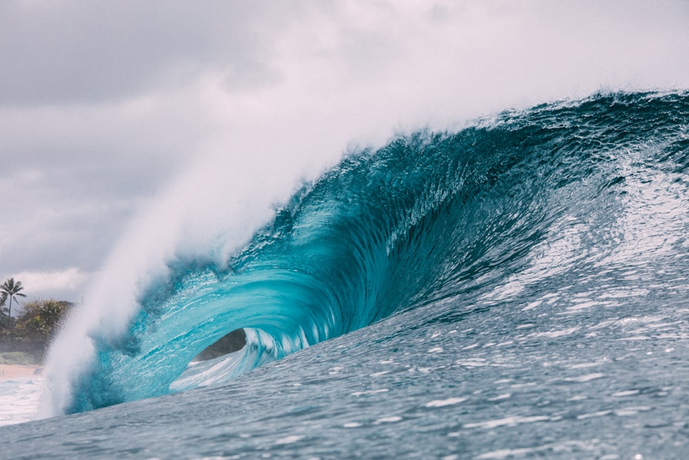 olas azules y blancas bajo el cielo gris