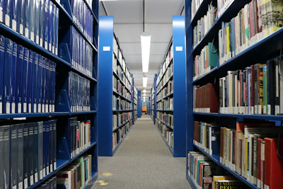 A quiet library corner lined with government and academic policy research volumes.