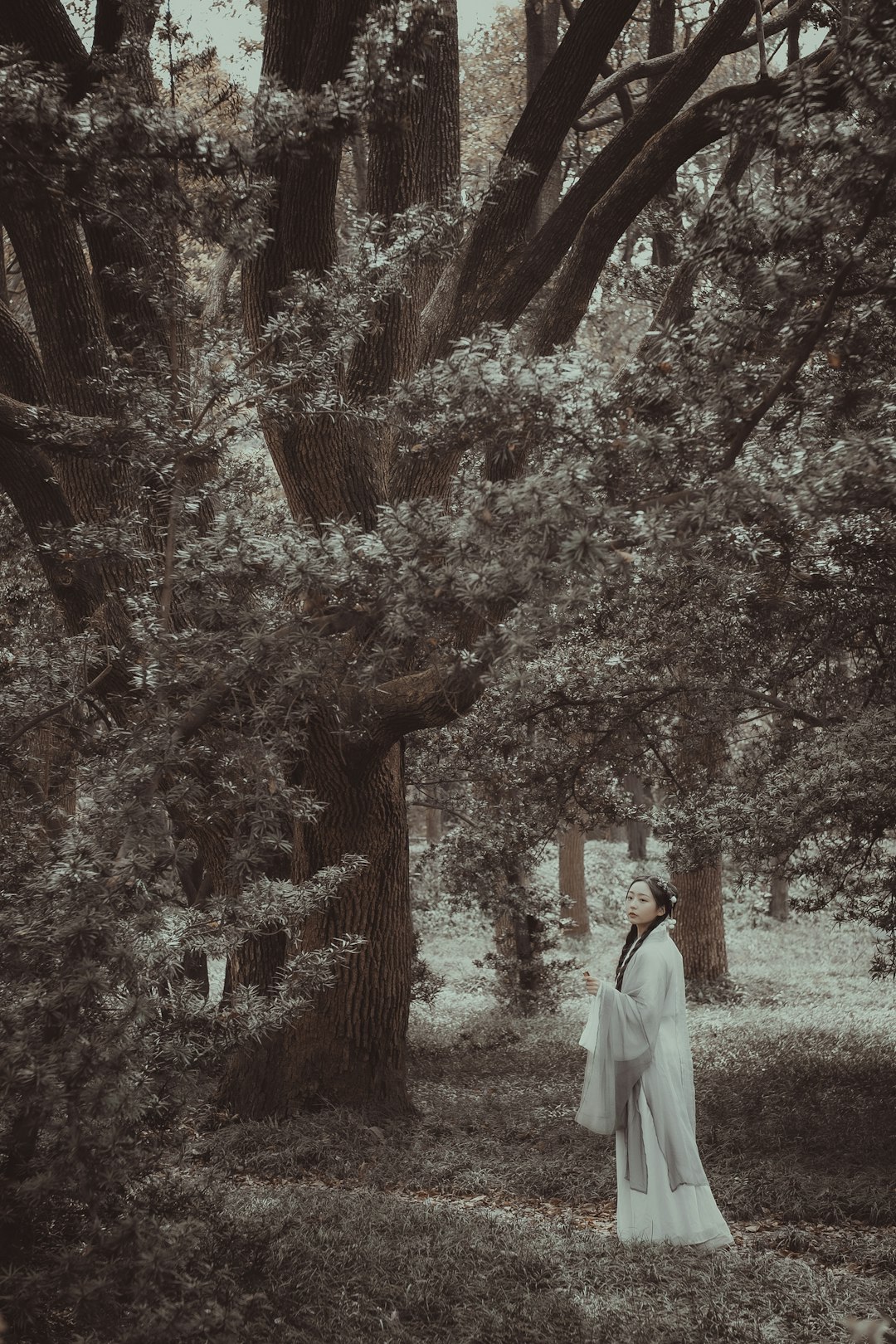 woman in white coat standing under brown tree