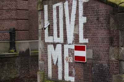 A brick wall features bold graffiti reading 'LOVE ME' in large white letters. A red and white rectangular traffic sign is attached to the wall beneath the lettering. The setting includes additional brick structures and a water canal, giving a sense of urban surroundings.