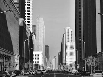 A black and white cityscape featuring a street flanked by tall skyscrapers. Numerous buildings exhibit modern architectural designs with a mix of glass and concrete facades. Streetlights line the road, and parked cars are visible along both sides of the street. Sparse leafless trees add a stark contrast to the urban environment.