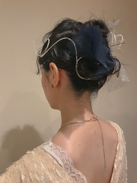 A person with dark hair is styled in an elegant updo adorned with intricate silver accessories. The individual wears a delicate lace garment, revealing the upper back and neck. The background is neutral, emphasizing the focus on the hairstyle and accessories.
