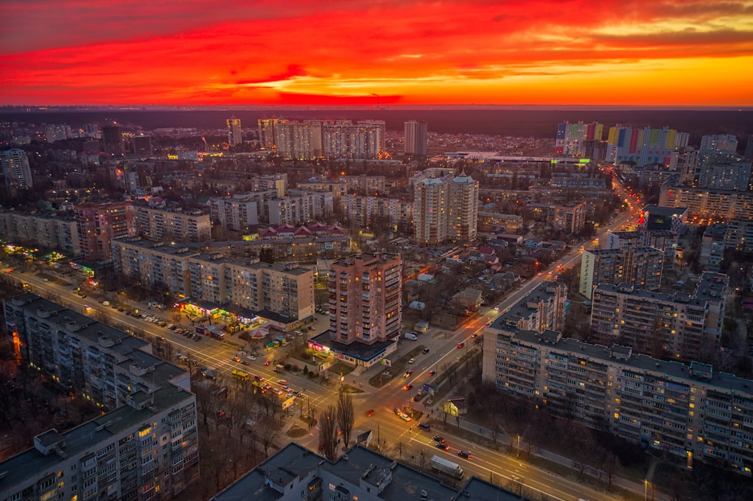 aerial view of city buildings during sunset