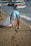 A person wearing a light blue shirt and white cap is picking up trash on a sandy beach. They are holding a large, transparent bag and are bending down to collect a plastic bottle. In the background, several boats are docked in the water.