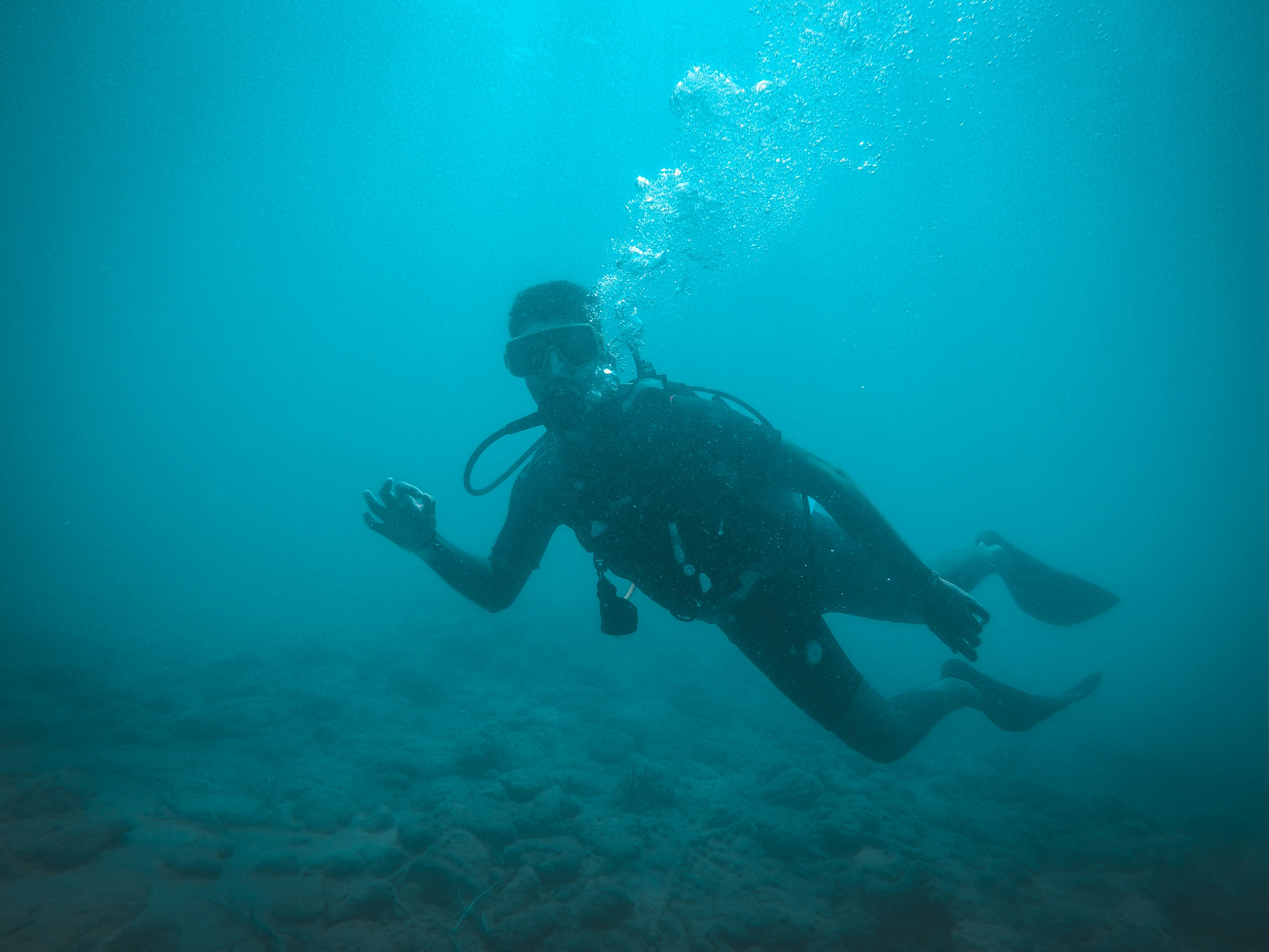 man in black wetsuit under water