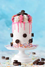 white and red cake with black and white icing on top