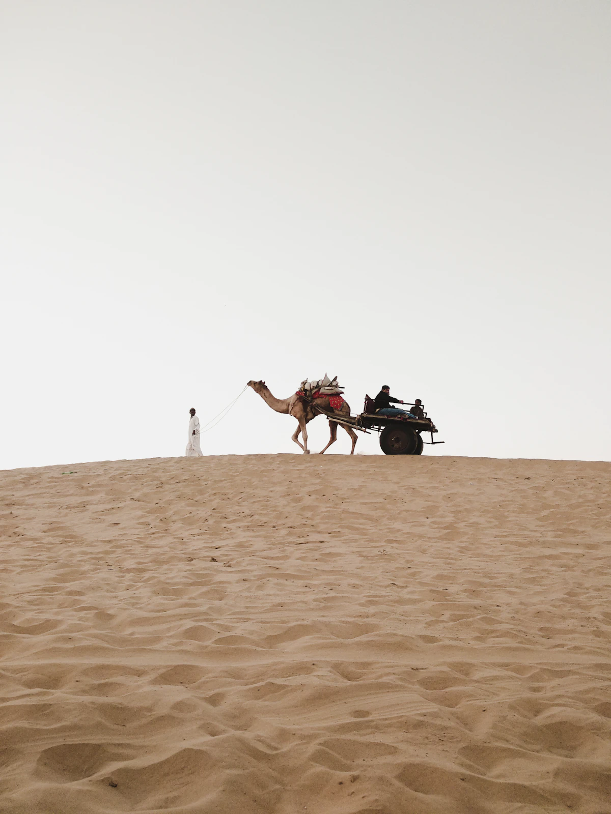 A man riding a camel across desert sand in daylight