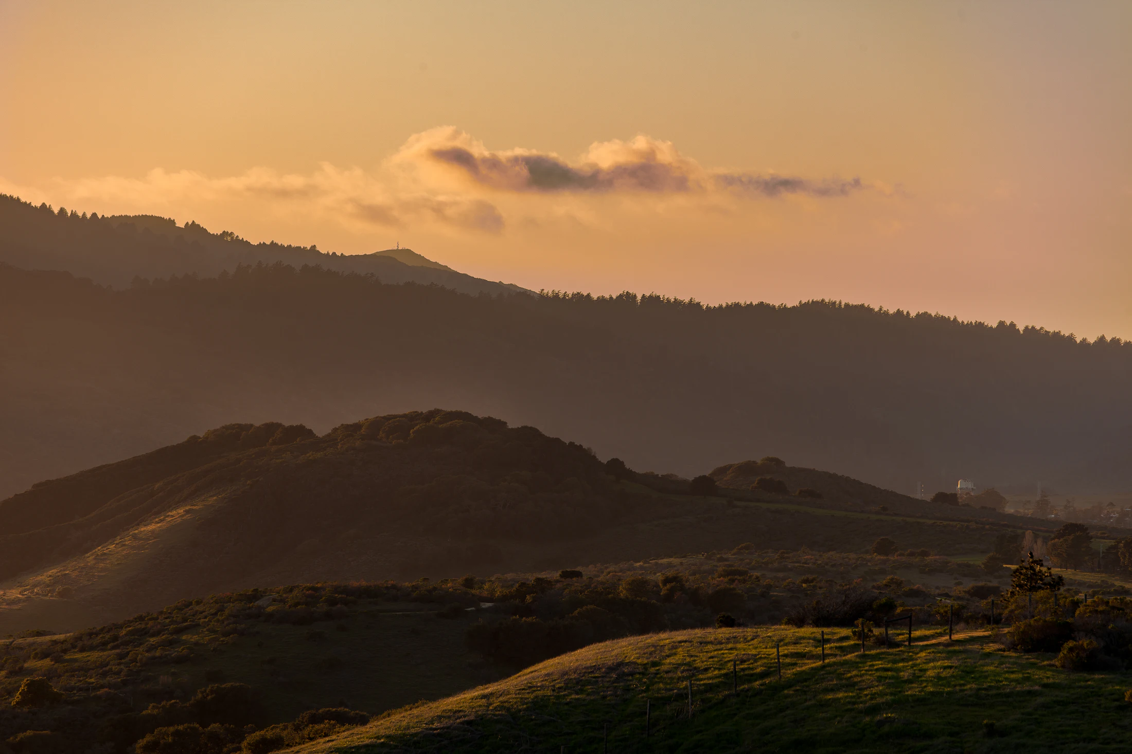 Golden evening light over the Peninsula foothills