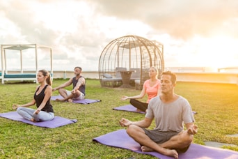 groupe de personnes en stage de yoga dans la nature