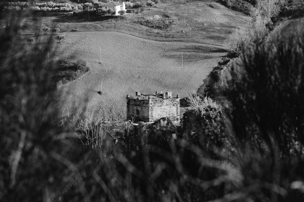 grayscale photo of house on hill