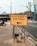 A yellow sign indicating the entrance to a test center is prominently displayed on a sidewalk. The sign features bold black text with an arrow pointing to the left. Sandbags are used to weigh down the metal frame of the sign. The surrounding environment includes a paved sidewalk, a road, bare trees, and urban buildings.