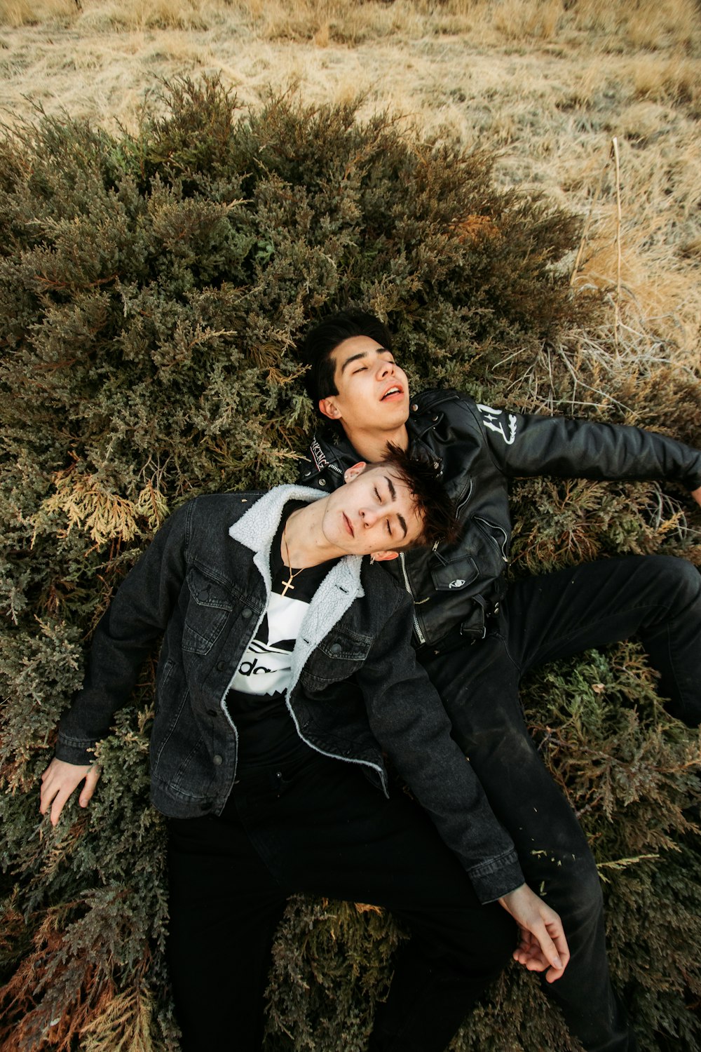 woman in black jacket lying on brown grass