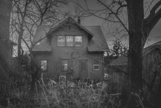 A dark and eerie house surrounded by leafless trees and overgrown vegetation. The structure appears aged, with visible details in the wooden exterior and roof. The atmosphere is gloomy, enhanced by the black-and-white color scheme.