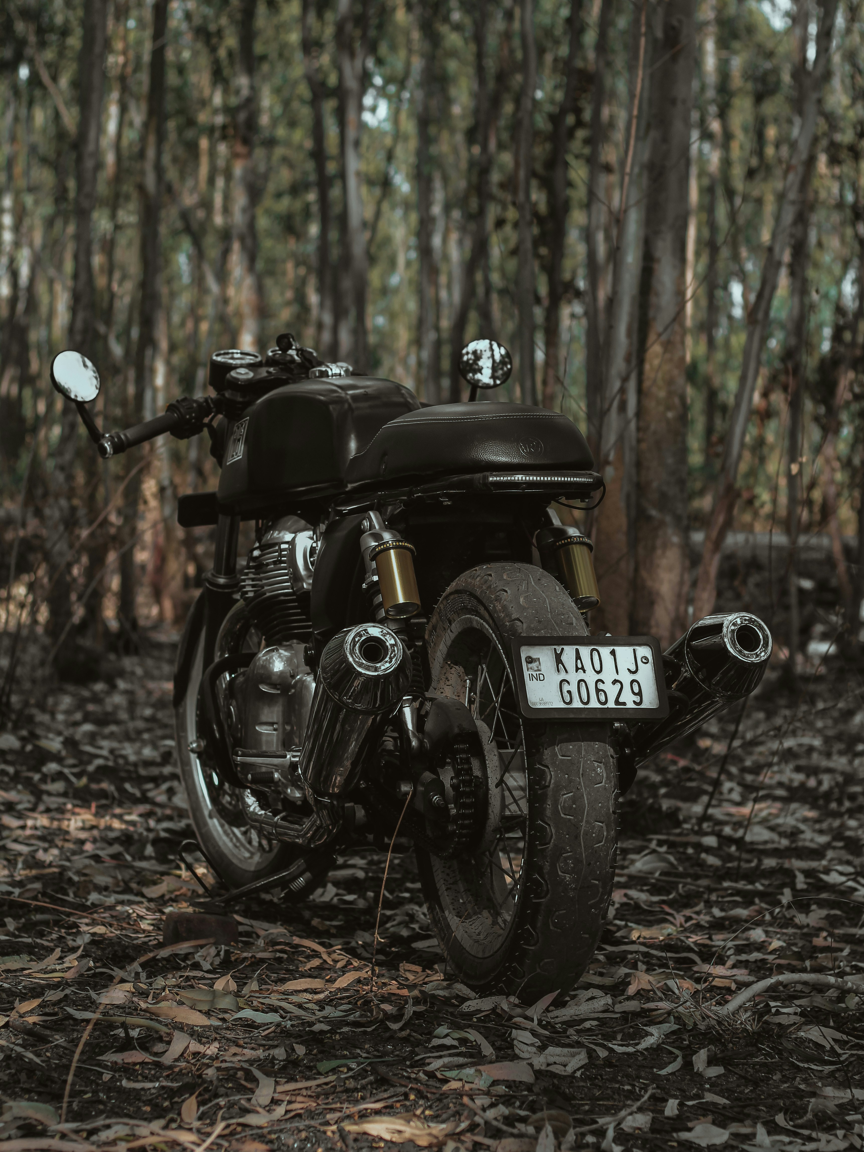 Motocicleta negra y gris sobre hojas
