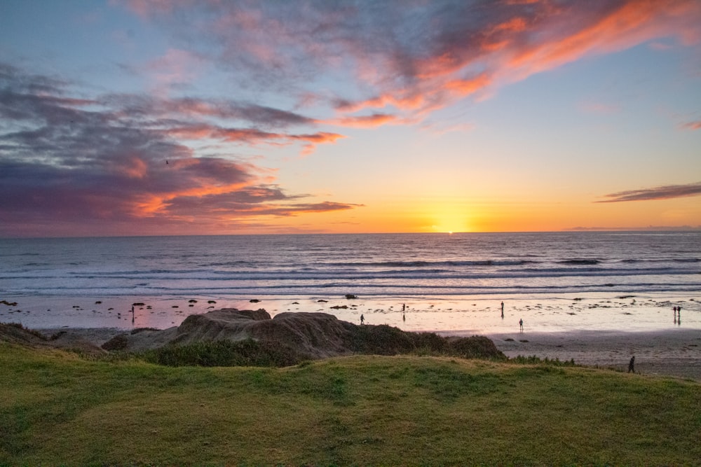 people on beach during sunset