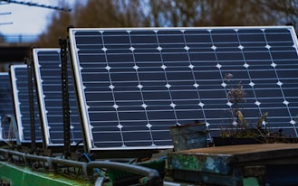 blue solar panels on brown wooden bench