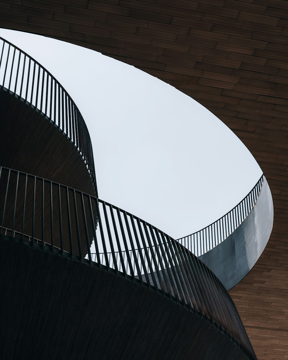 white concrete spiral staircase with brown wooden wall