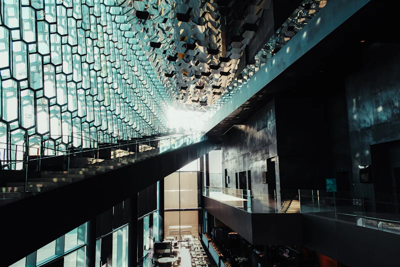 The illuminated interior of Harpa concert hall in Reykjavík