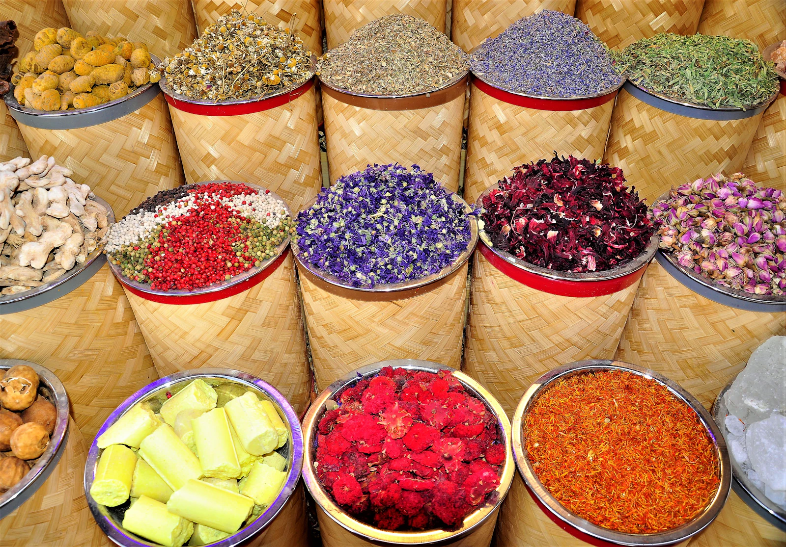 Baskets of spices at the Dubai Spice Souk