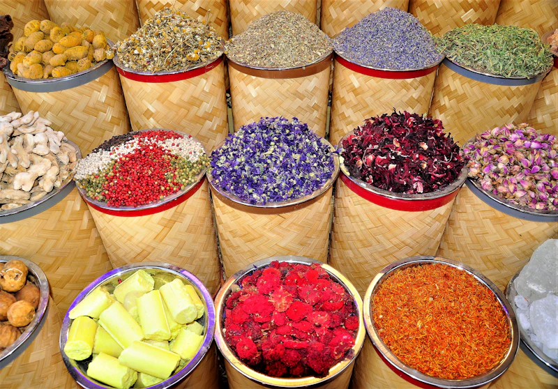 Baskets of spices at the Dubai Spice Souk