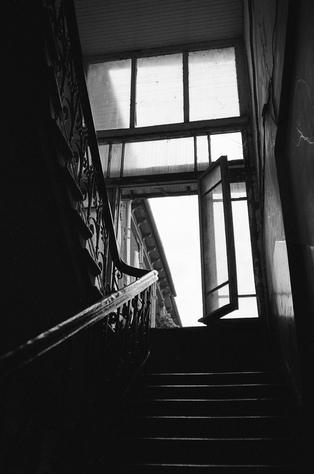 grayscale photo of a staircase