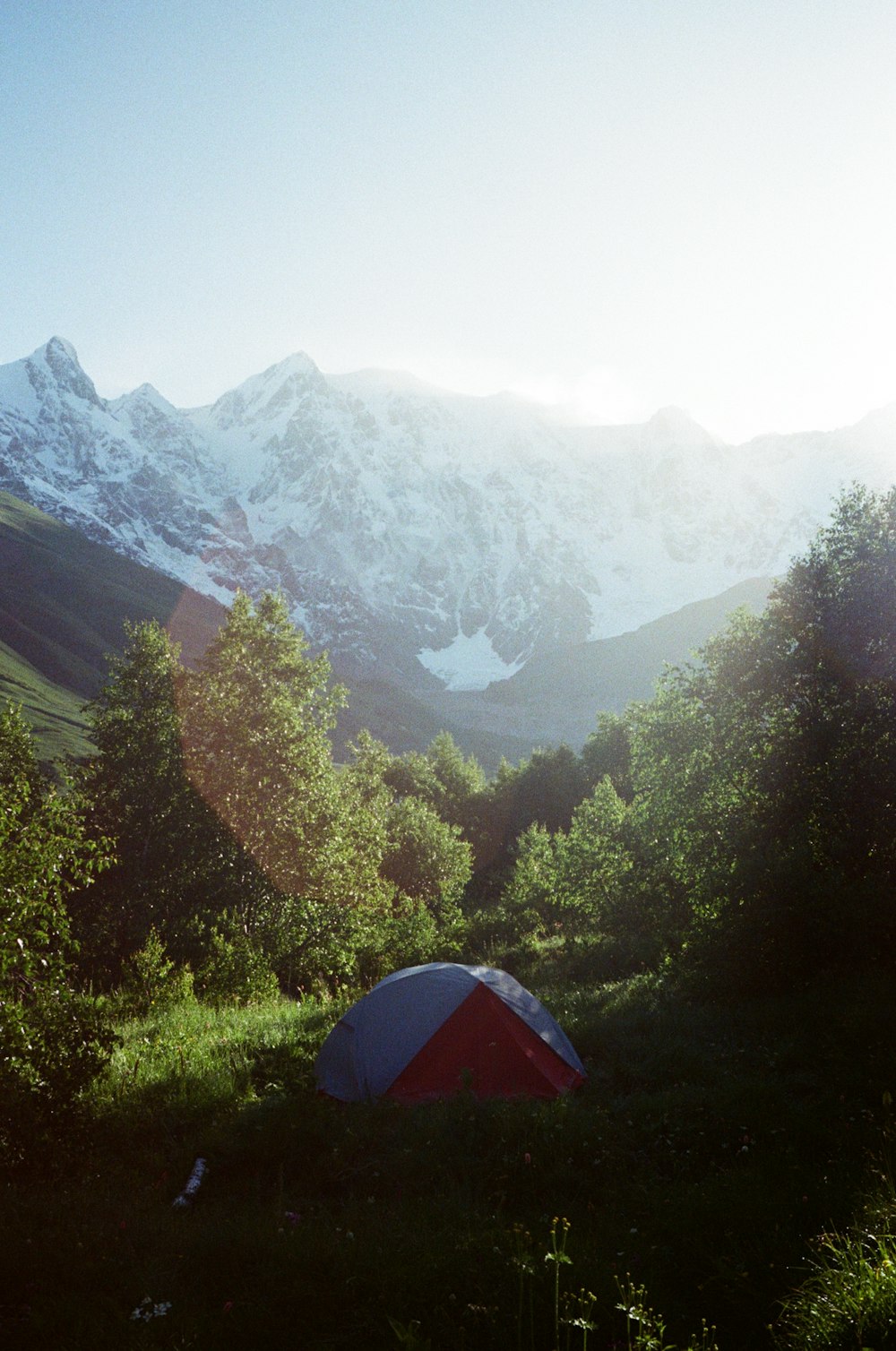 red and black tent on green grass field near mountains during daytime