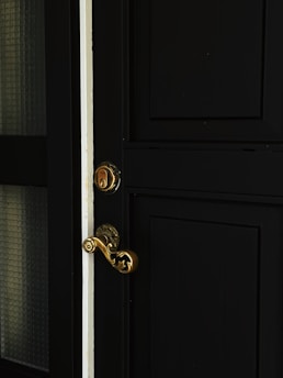 gold door knob on black wooden door
