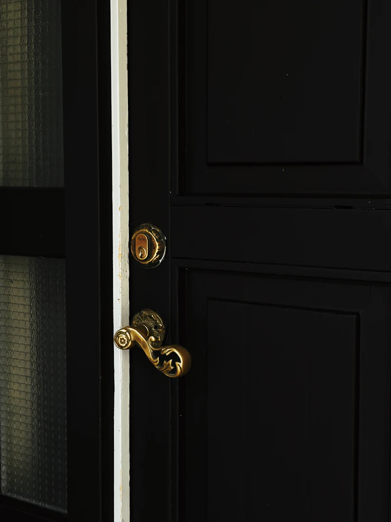 A black panelled front door, slightly open, with a brass lever handle