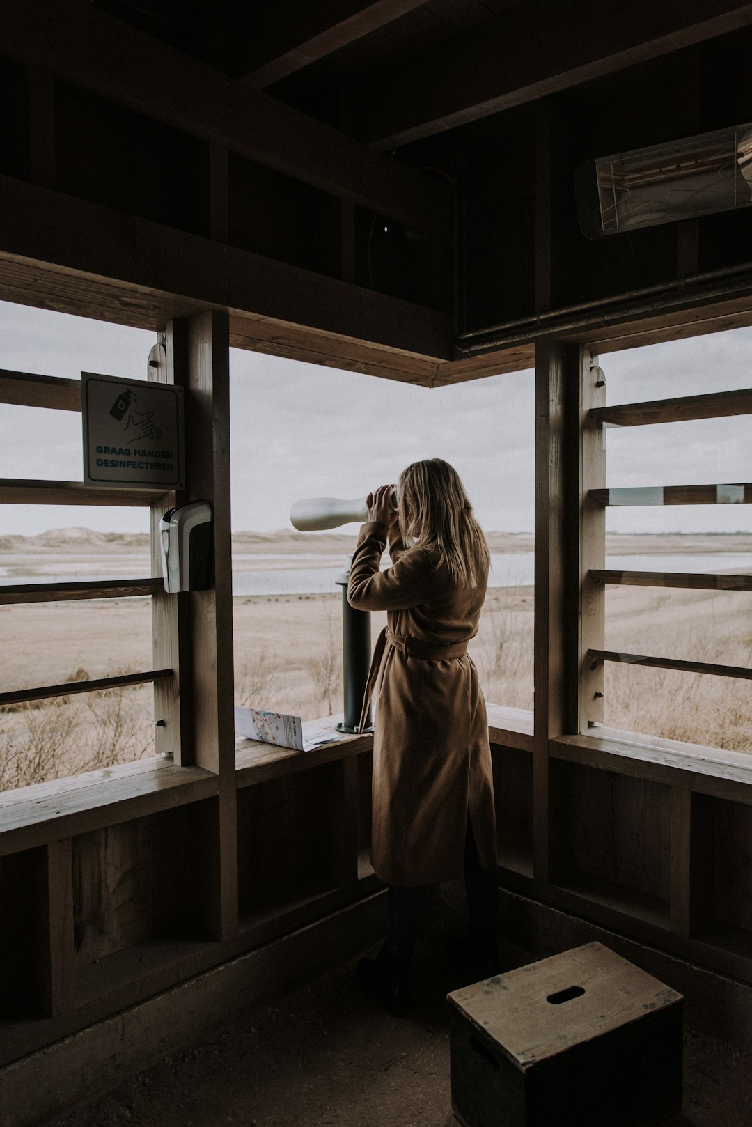 woman in brown coat standing near window