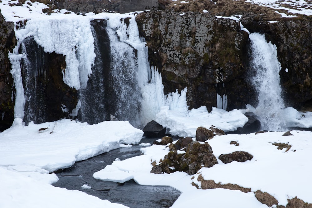 snow covered rocks and river