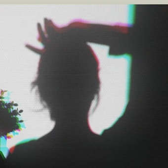 A silhouette of a person with long hair being styled with a hairdryer. The shadow is cast on a plain background with a slight glitch effect. There are hints of foliage or plants in the bottom left corner.