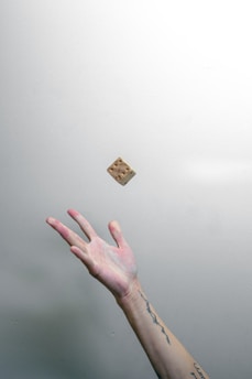 A tattooed hand reaches up towards a dice suspended in mid-air against a plain background.