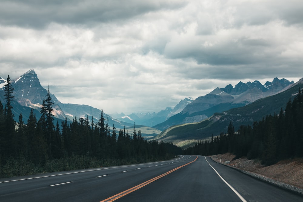 gray concrete road near green trees and mountains during daytime