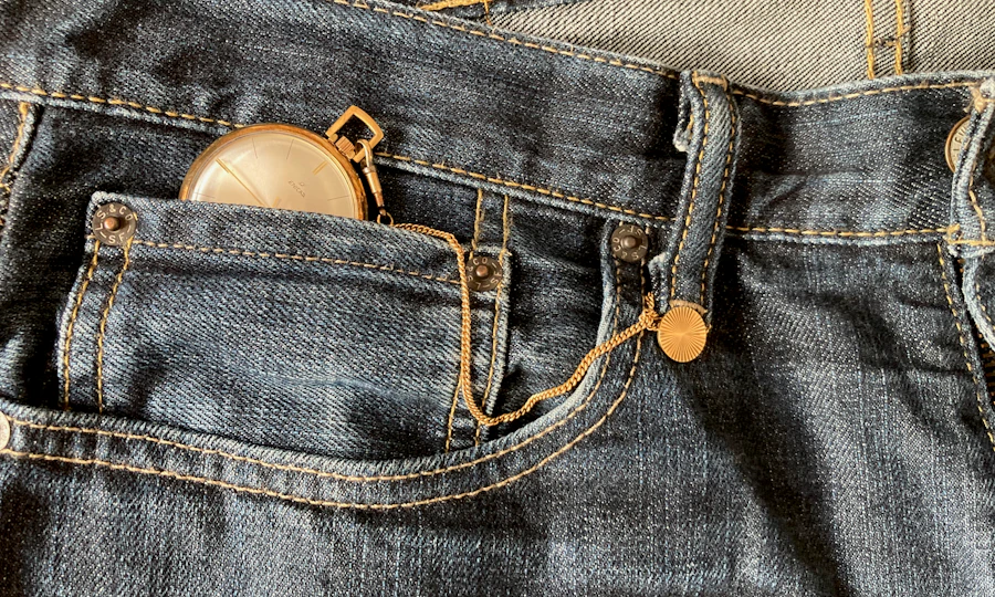 Copper rivets on a denim front pocket