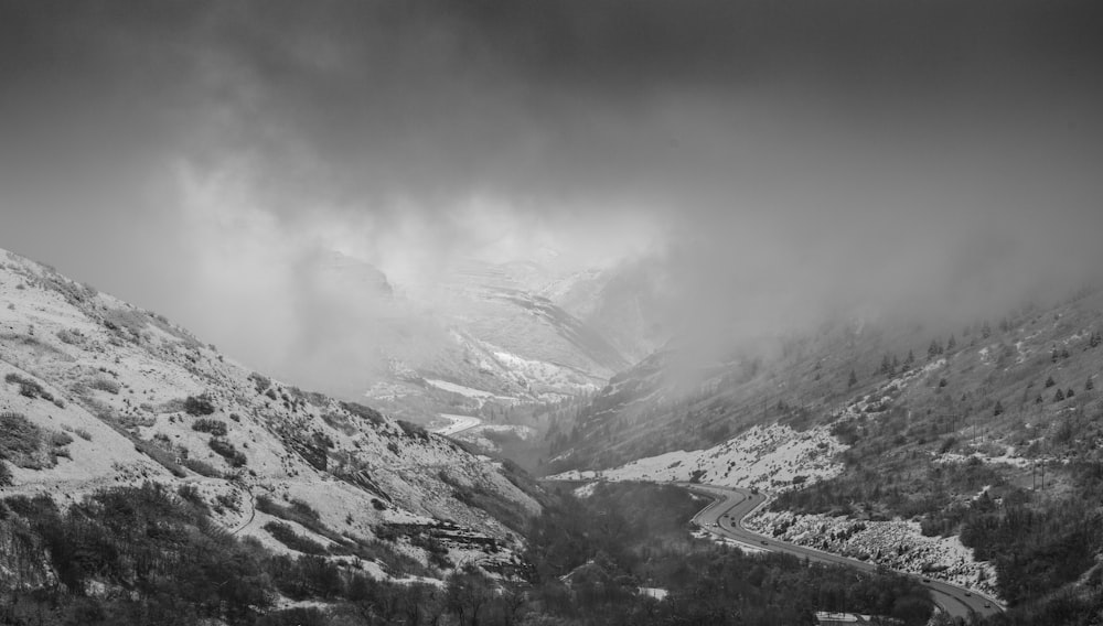 grayscale photo of mountains and trees
