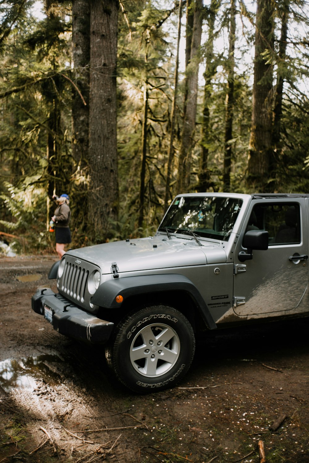 Grauer Jeep Wrangler tagsüber in der Nähe von Bäumen geparkt