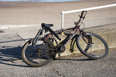 Vintage bicycle resting against a sunlit sandy path along the Adriatic coast.